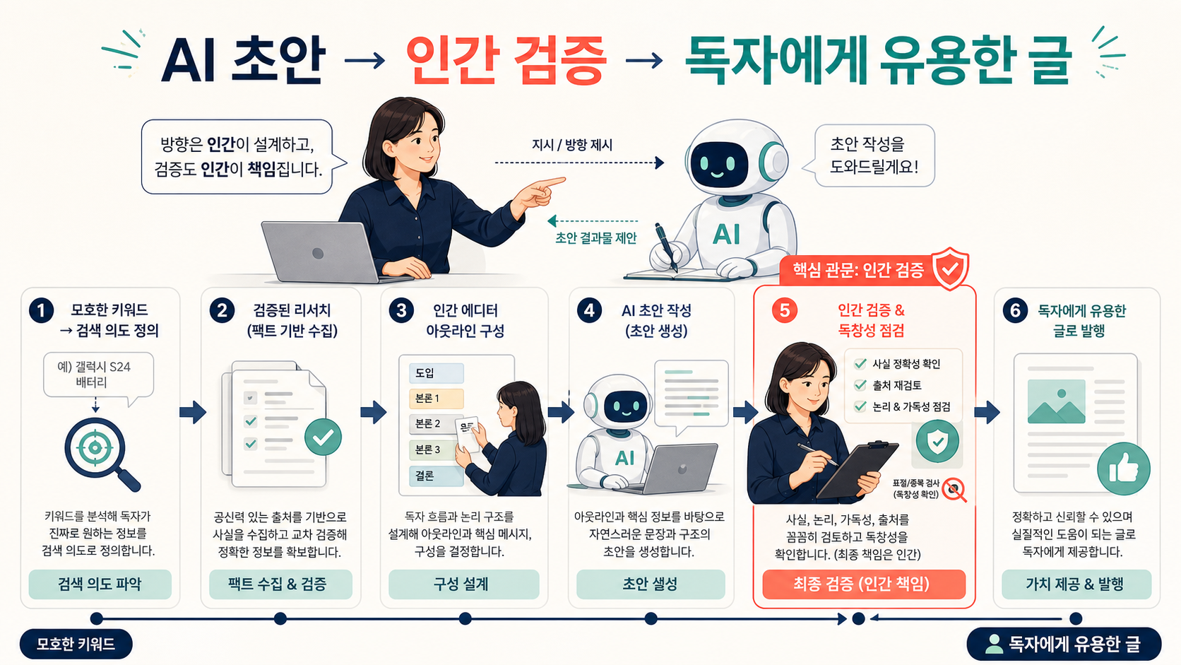 검색 의도와 검증을 거쳐 AI 초안을 독자에게 유용한 글로 바꾸는 인간 중심 콘텐츠 제작 워크플로